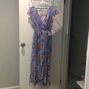 Light blue romantic floral maxi wrap dress